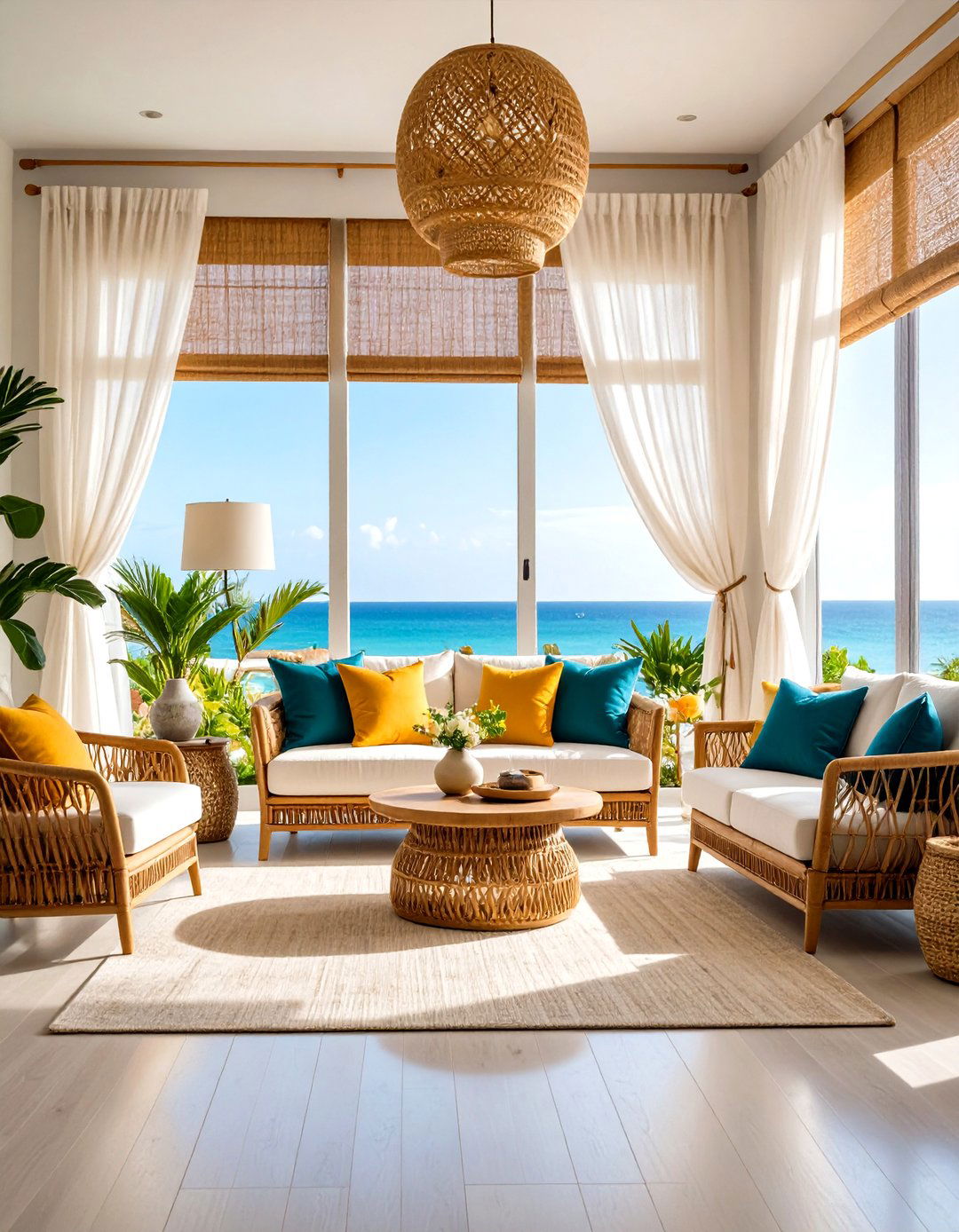 Coastal Living Room with Woven Window Treatments and Natural Shades - 20 Coastal Living Room Ideas