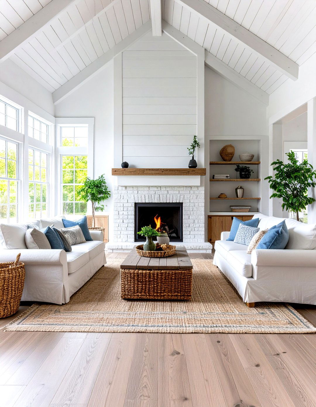 Coastal Living Rooms With Fireplaces With Vaulted Ceilings Using Whitewashed Materials - 20 Rooms With Fireplaces With Vaulted Ceilings Features