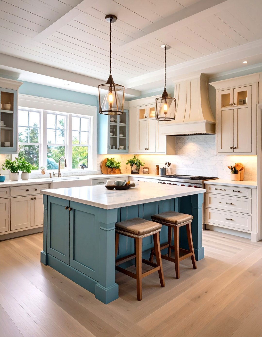 Coastal Maple Cabinets with Soft Blue Accents - 20 Maple Kitchen Cabinets Ideas