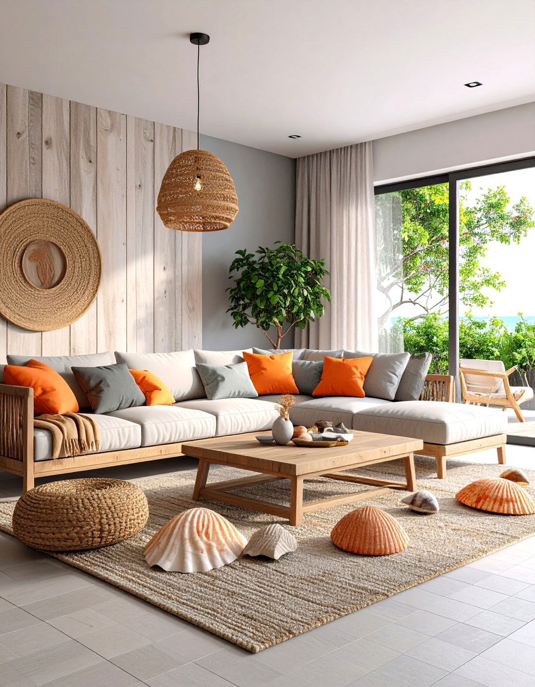 Coastal Orange and Grey Living Room with Natural Textures - 20 Orange and Grey Living Room Ideas