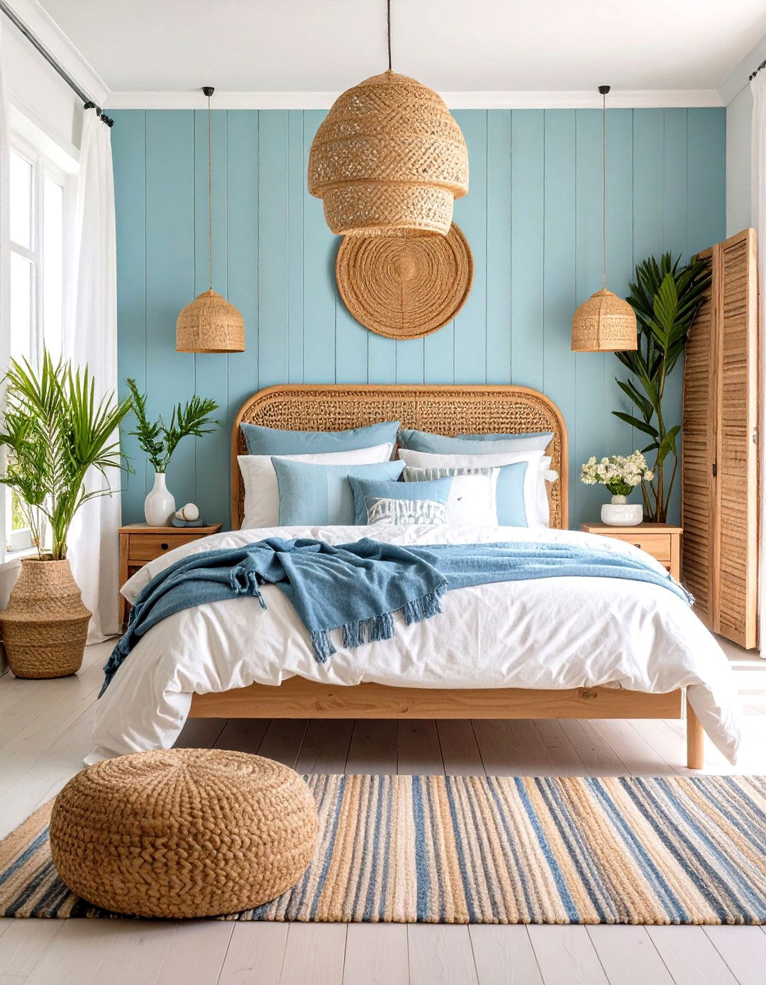 Coastal Retreat with Woven Rattan - 20 Duck Egg Blue Bedroom Ideas