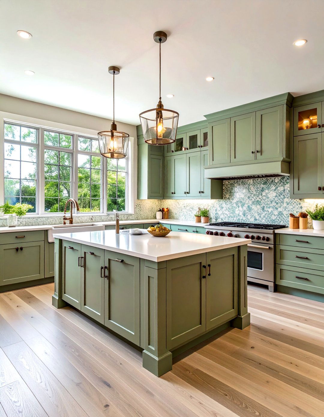 Coastal Sage Green Kitchen with Sea Glass Backsplash and Light Wood Floors - 20 Sage Green Kitchen Ideas