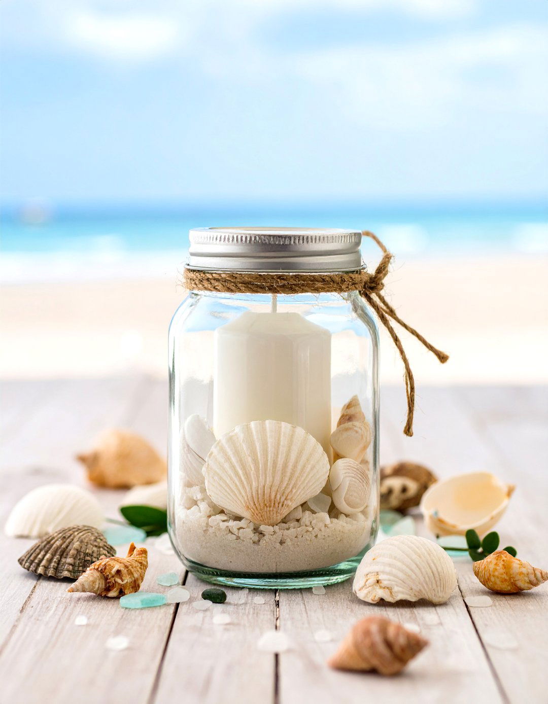 Coastal Sand and Shell Candle Mason Jar - 20 Mason Jar Wedding Centerpieces
