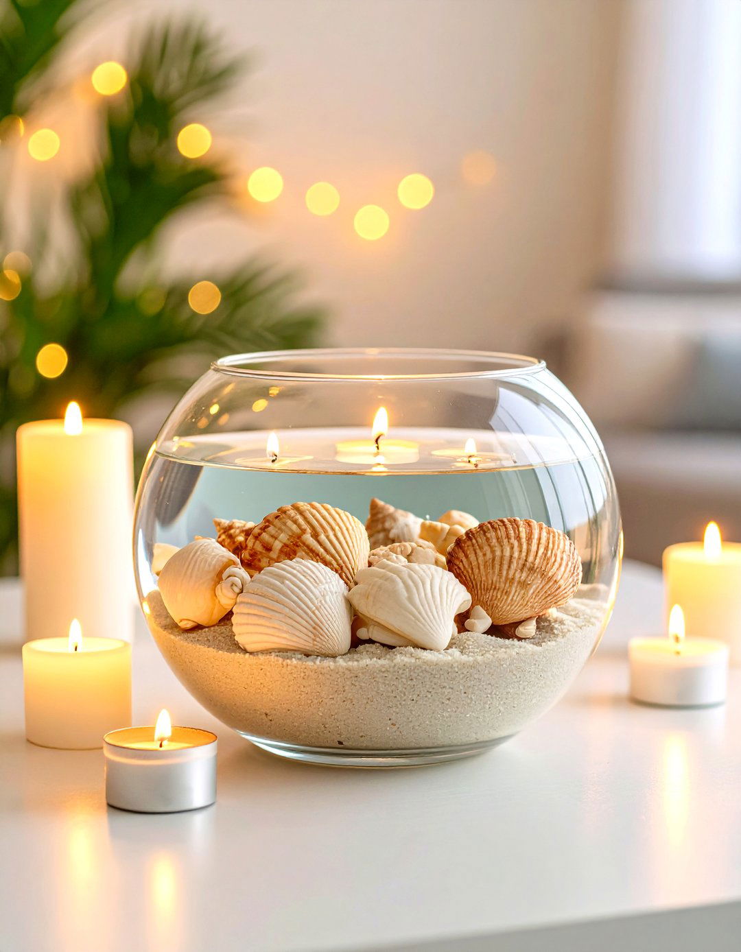 Coastal Seashell and Candle Fishbowls - 20 Floating Wedding Centerpiece Ideas