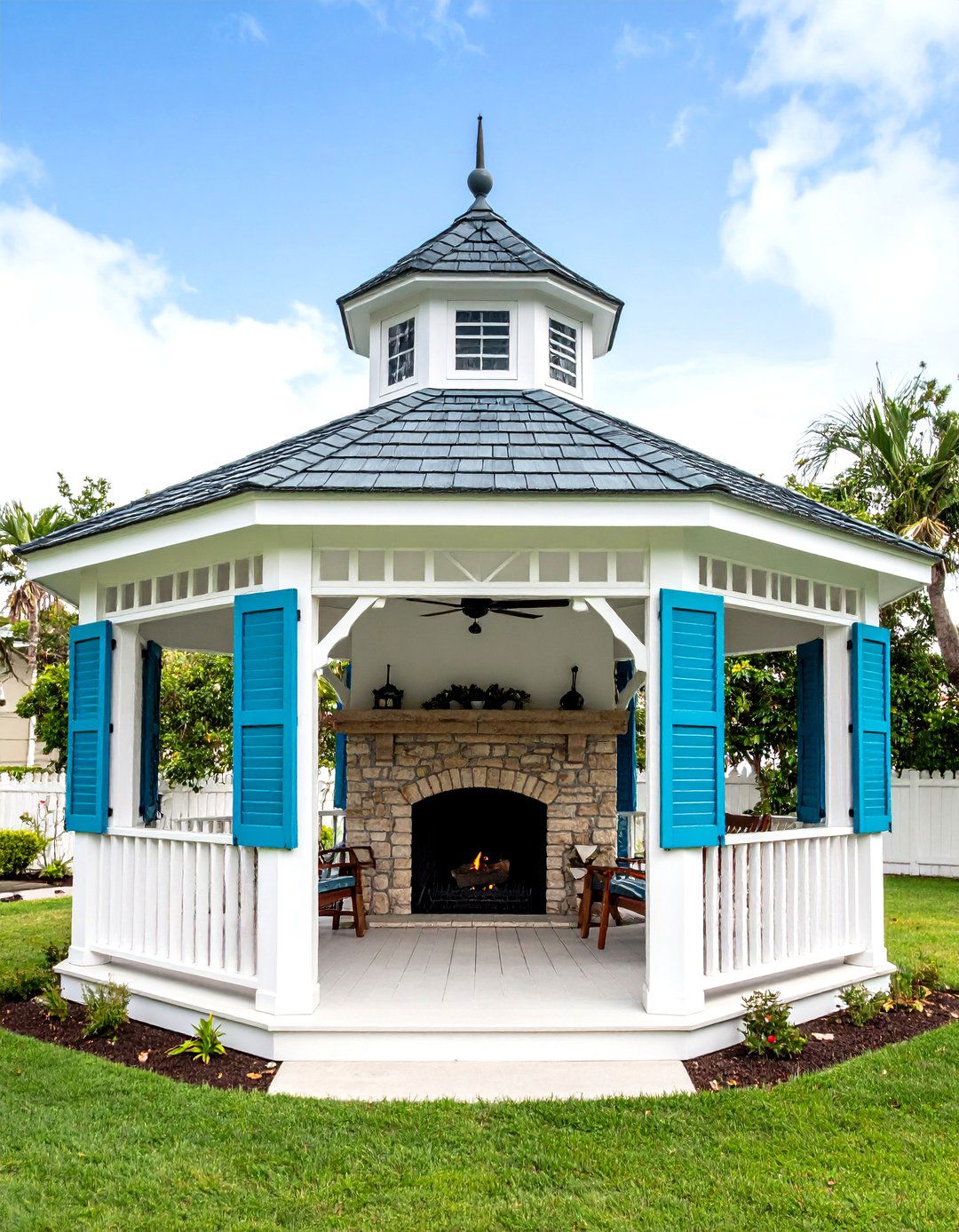 Coastal Style Gazebo Featuring a Stucco Chimney - 20 Gazebo With Fireplace