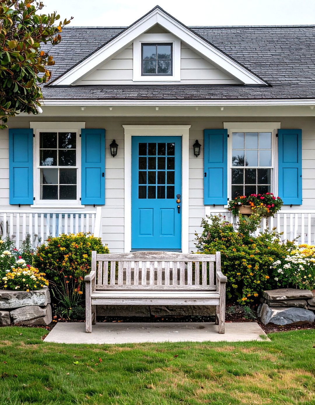 Coastal Taupe with Slate Blue Shutters - 20 Exterior Taupe House Color Combinations