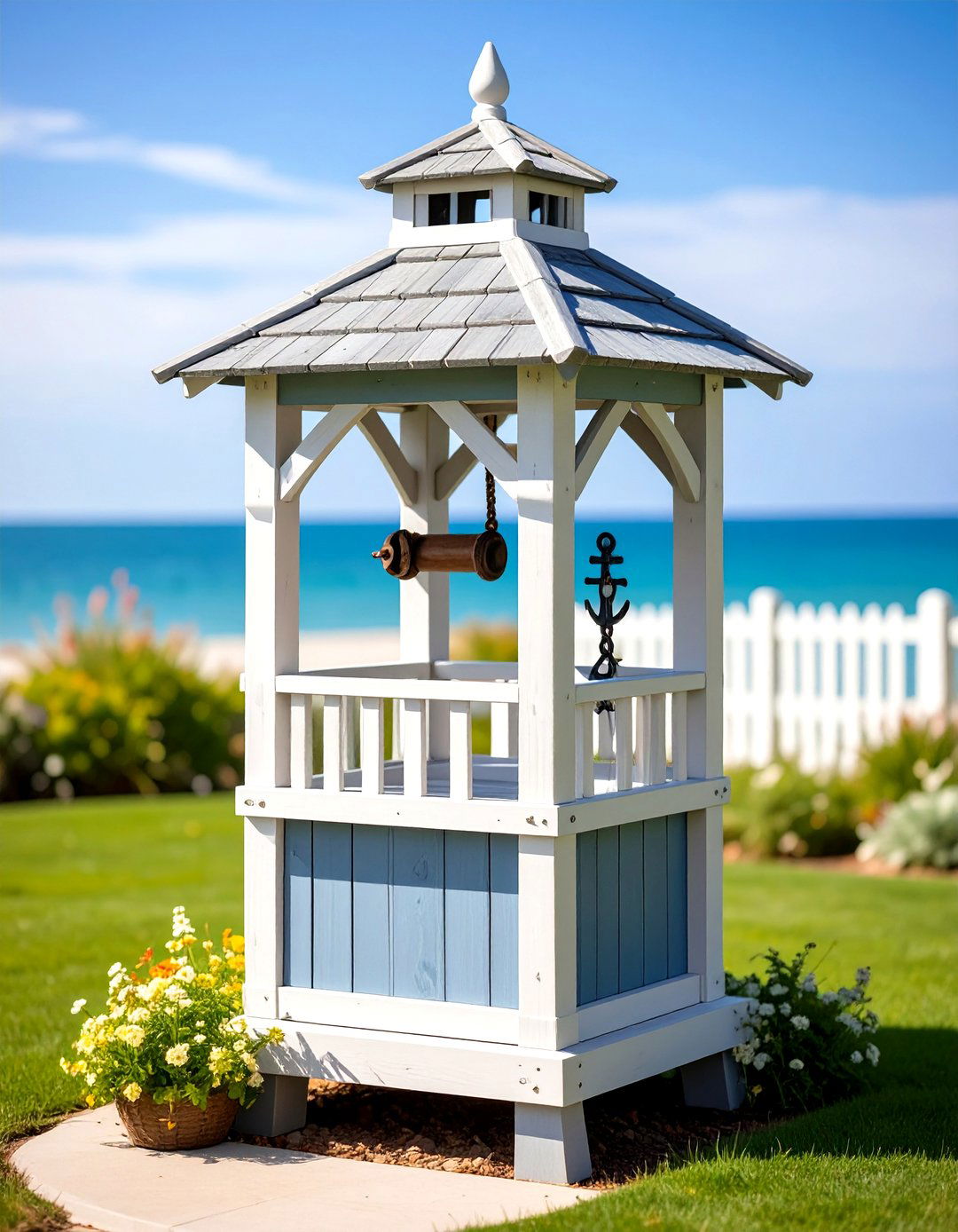 Coastal Themed Outdoor Wishing Well with Nautical Elements - 20 Outdoor Wishing Well Garden Ideas