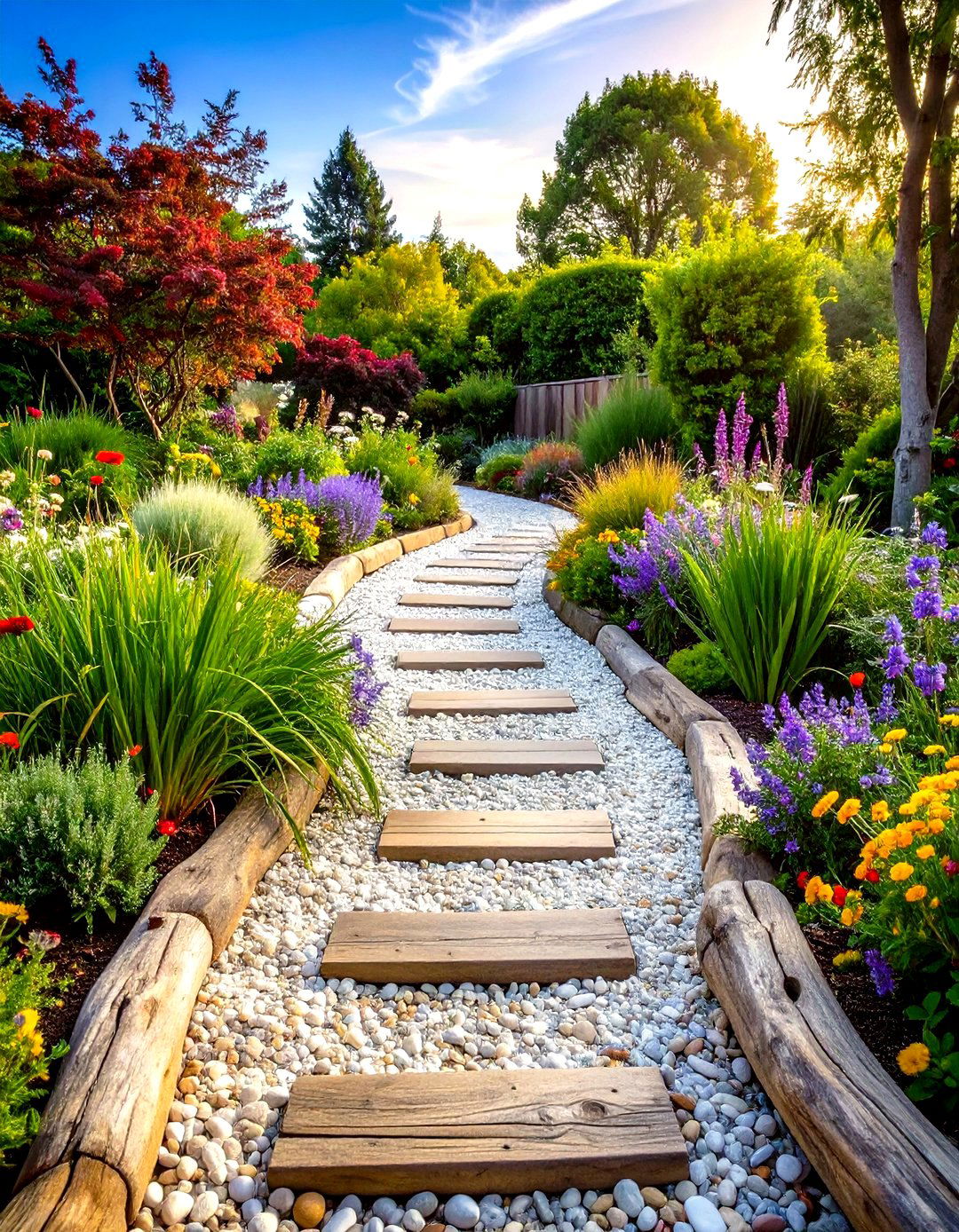 Coastal Themed Pea Gravel Walkway with Driftwood Elements - 20 Pea Gravel Walkway Ideas