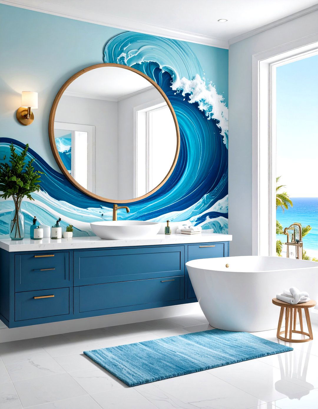 Coastal Wave Mirror Painting with Ocean Inspired Blues - 20 Mirror Painting Ideas