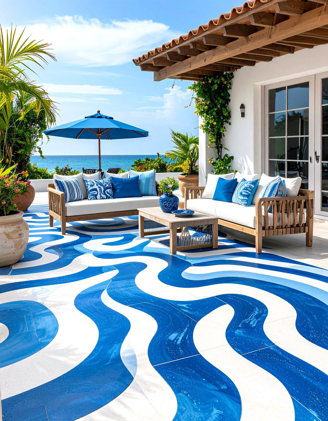 Coastal Wave Painted Concrete Patio - 20 Painted Concrete Patio Ideas