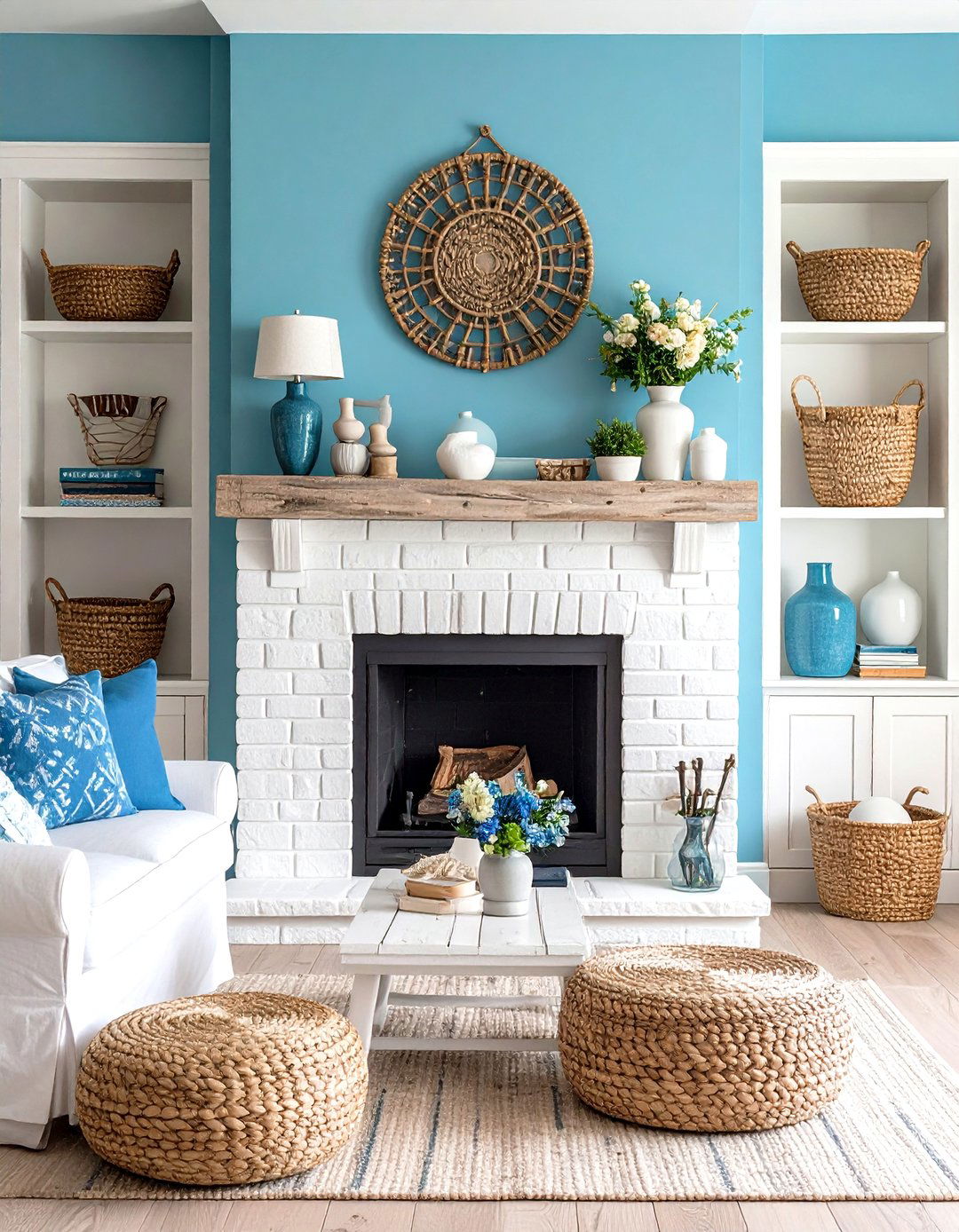Coastal White Brick Fireplace with Driftwood Accents - 20 White Brick Fireplace Ideas
