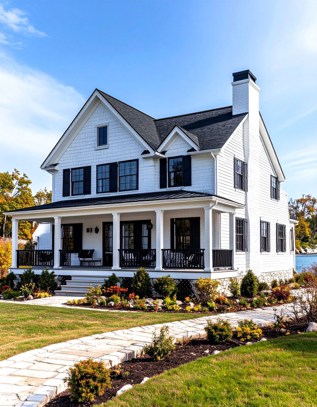 Coastal White Brick House With Black Trim and Nautical Elements - 20 White Brick House With Black Trim