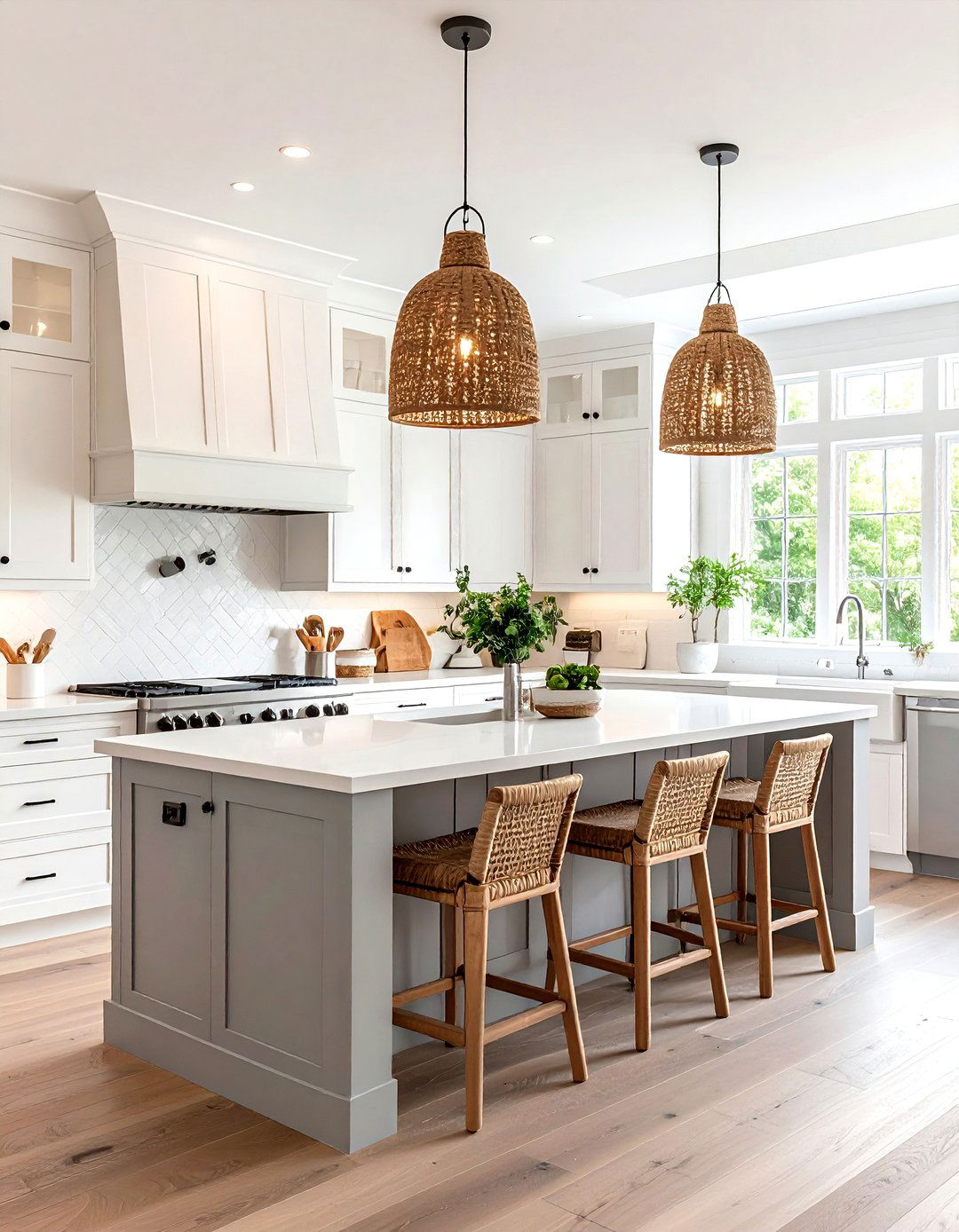 Coastal White Kitchen Cabinets with Dove Grey Island and Natural Textures - 20 White Kitchen Cabinets With Grey Island Ideas