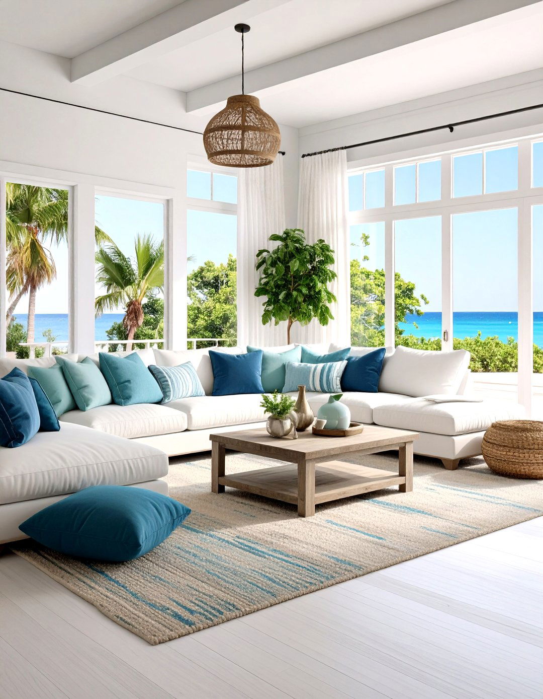Coastal White Living Room with Ocean Inspired Blues - 20 White Living Room Ideas