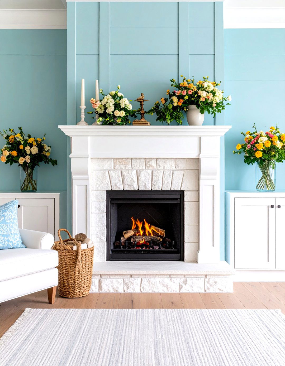 Coastal White Stone Fireplace with Beachy Vibes