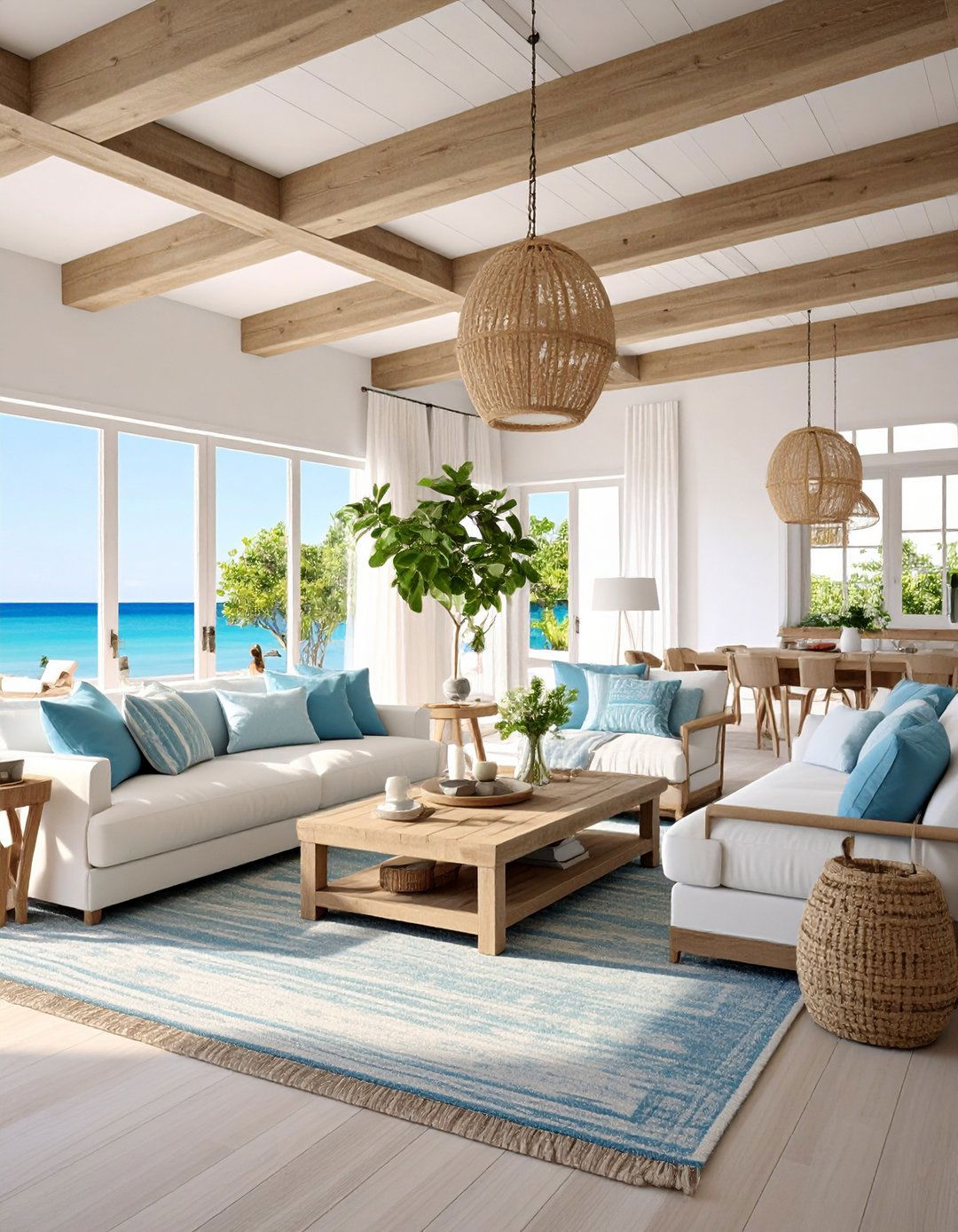 Coastal Whitewashed Exposed Beam Living Room - 20 Exposed Beam Living Room Ideas