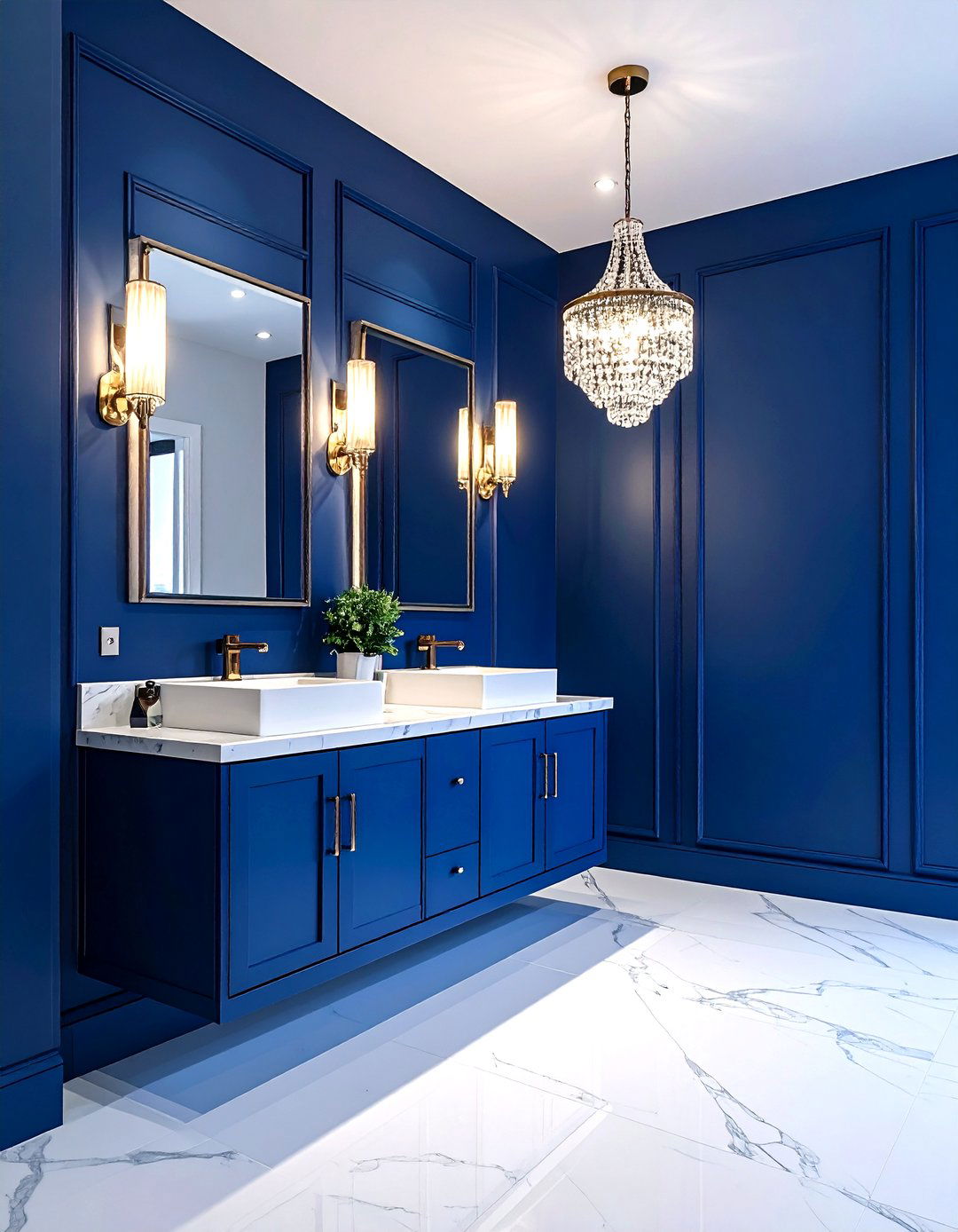 Cobalt Blue Powder Room with Dramatic Lighting - 20 blue powder room ideas