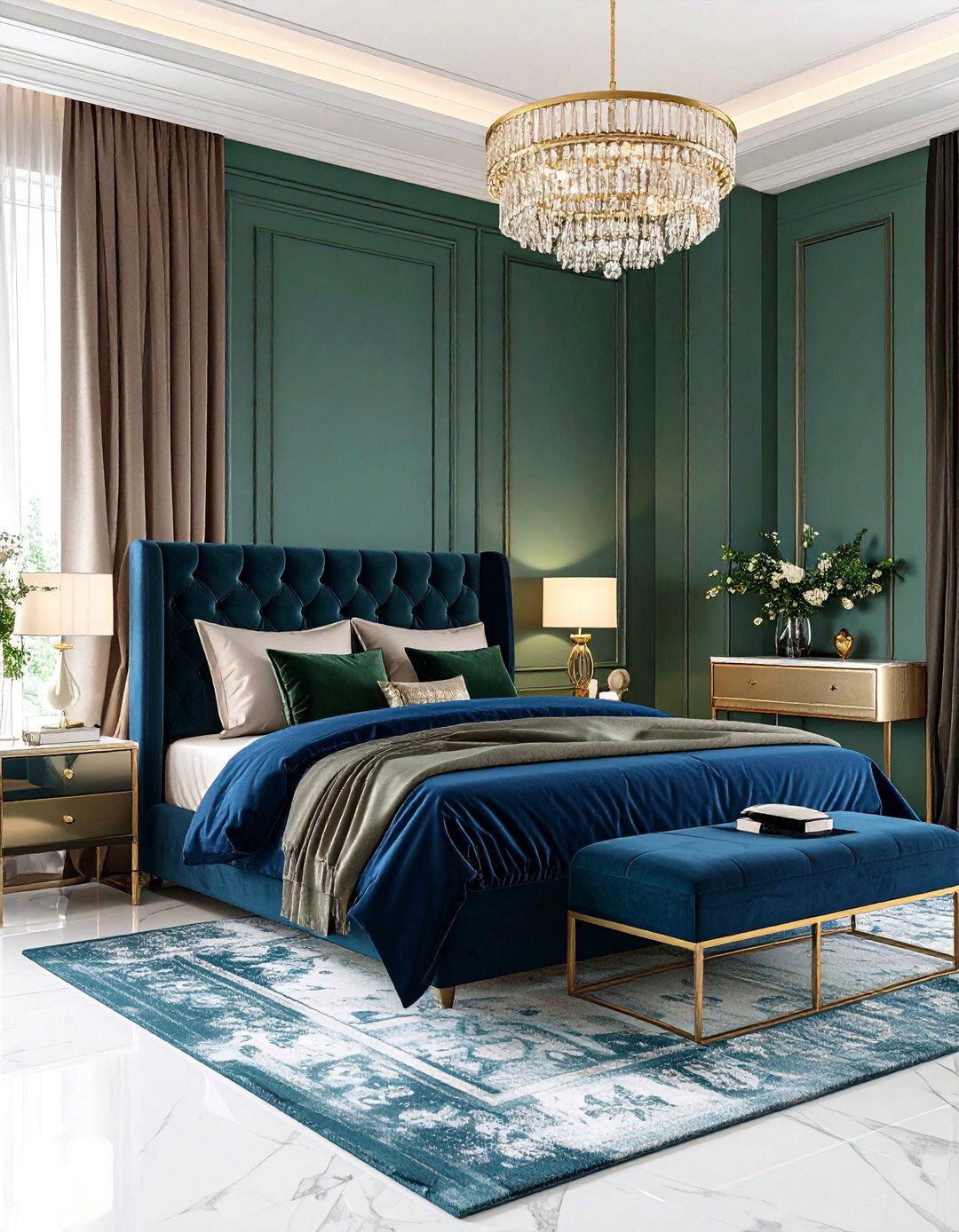 Cobalt Blue and Pine Green Bedroom with Luxurious Fabrics - 20 blue and green bedroom ideas
