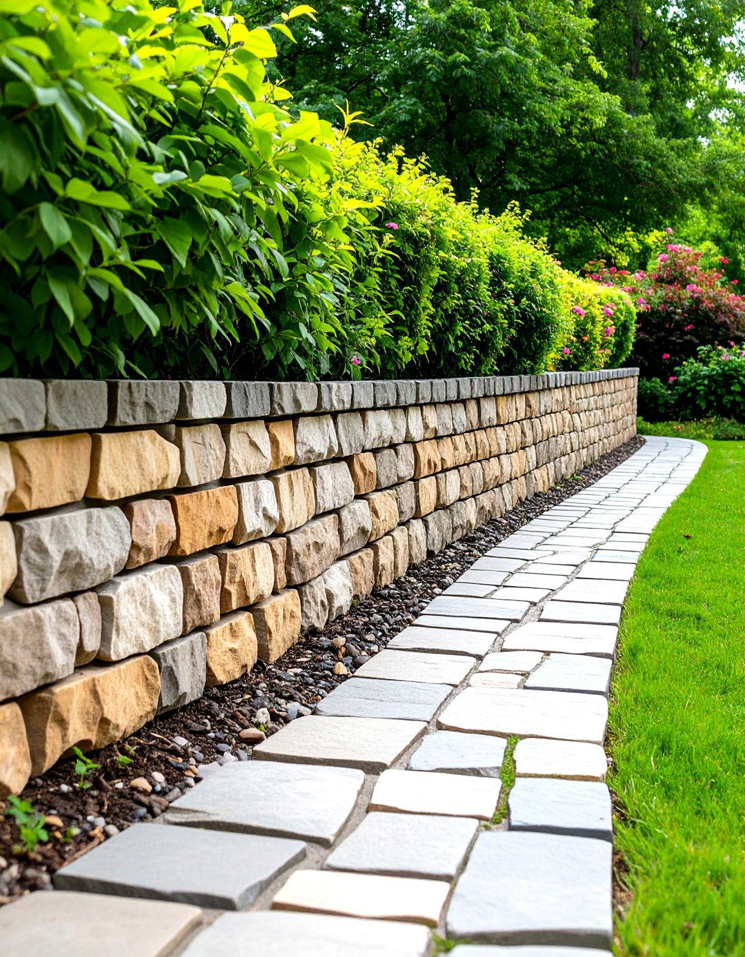 Cobbled Pathway Edge Wall - 20 Stone Wall Ideas