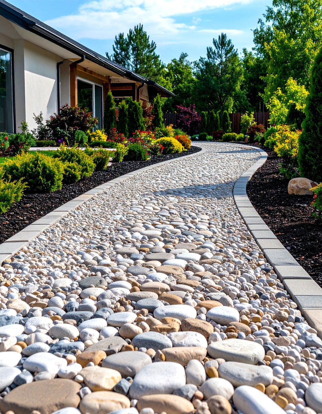 Cobblestone Edged Gravel Elegance - 20 Gravel Driveway Ideas