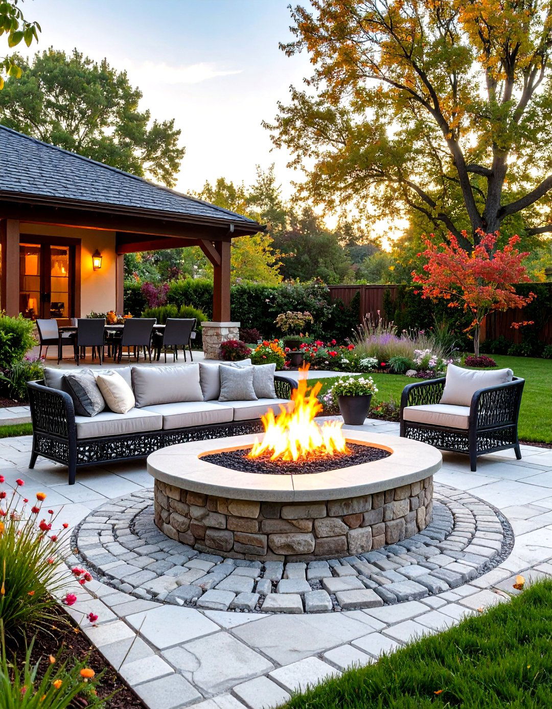 Cobblestone Stamped Concrete Patio with Raised Propane Fire Table - 20 stamped concrete patio with fire pit ideas