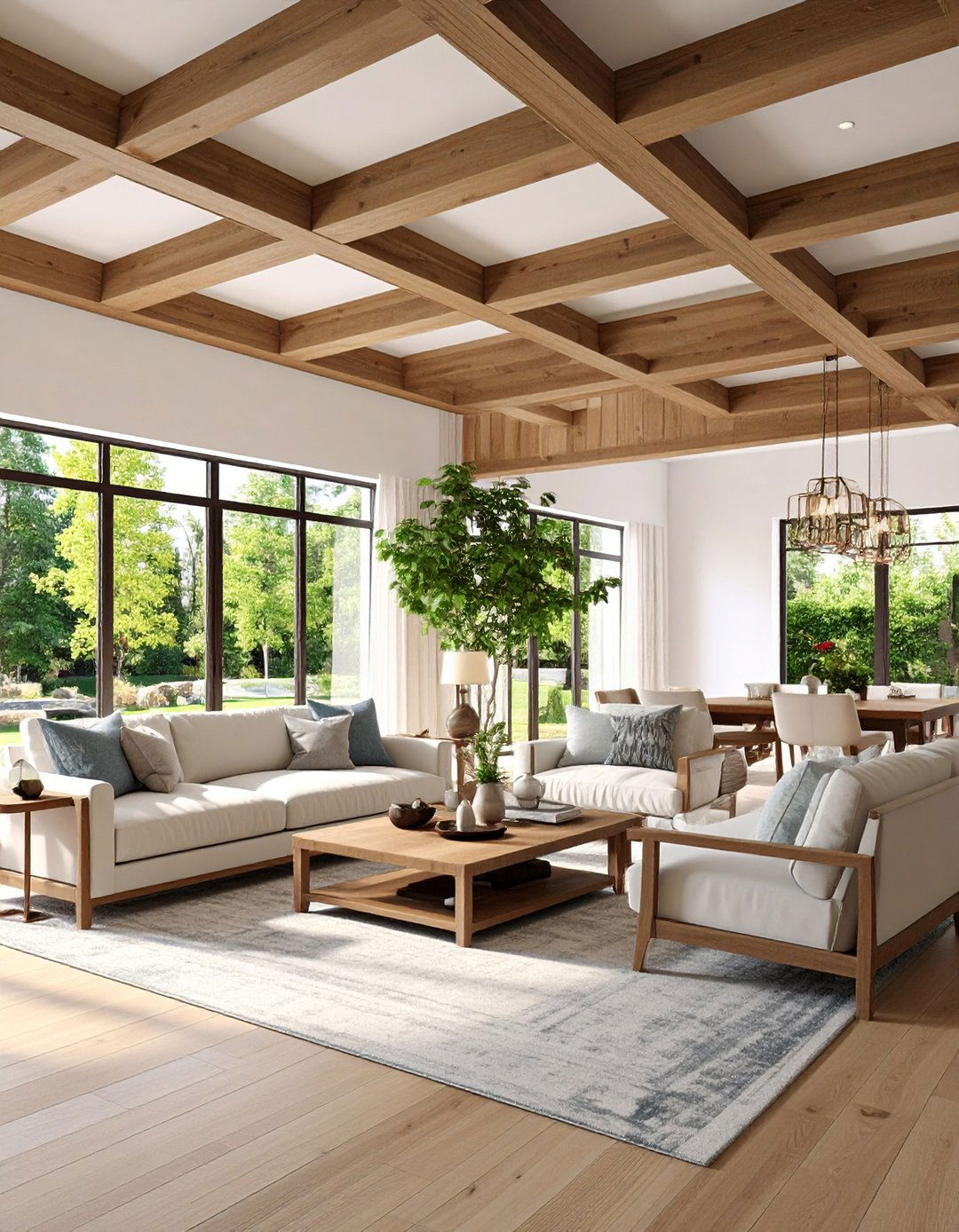 Coffered Exposed Beam Living Room Design - 20 Exposed Beam Living Room Ideas