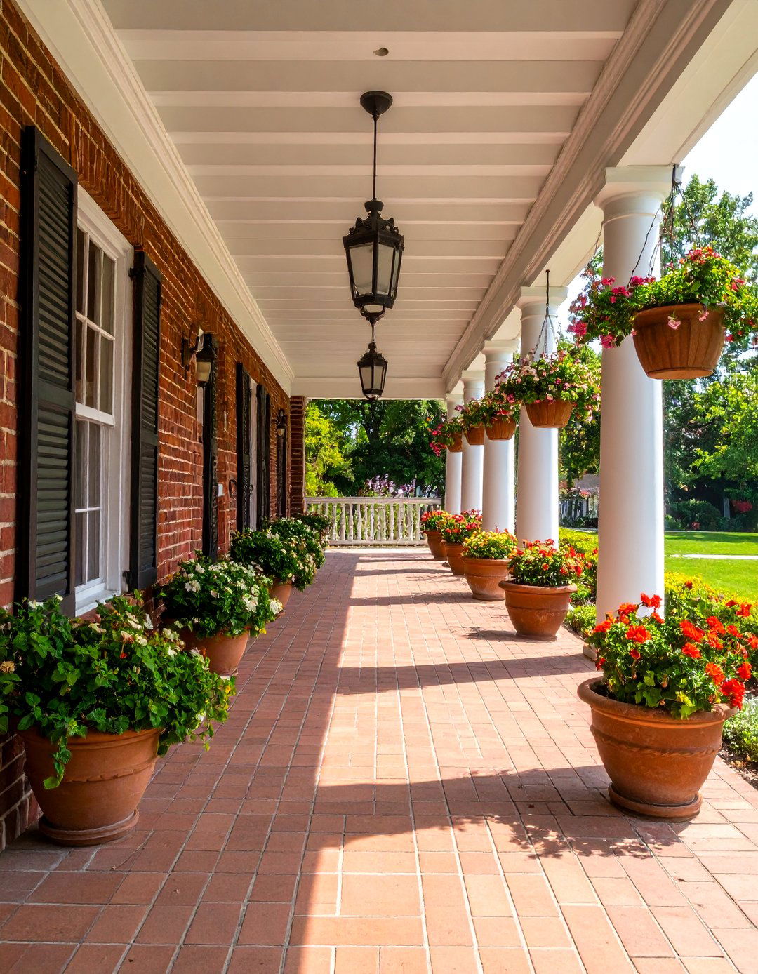 Colonial Front Porch with Brick Foundation Elements - 20 Colonial Front Porch Ideas