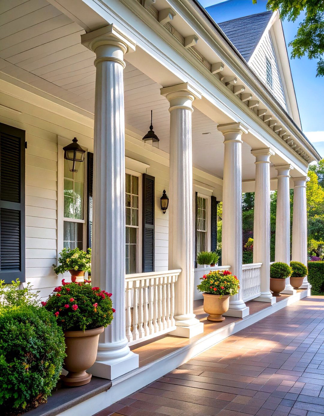 Colonial Front Porch with Classic Fluted Columns - 20 Colonial Front Porch Ideas