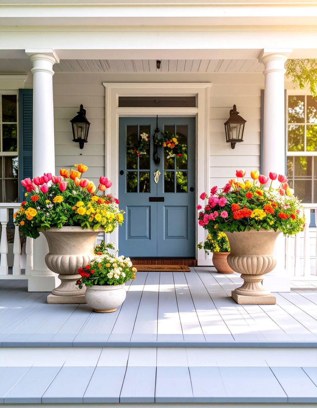 Colonial Front Porch with Seasonal Planter Arrangements - 20 Colonial Front Porch Ideas