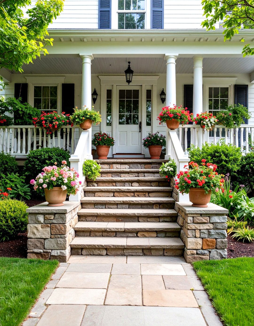 Colonial Front Porch with Stone Step Integration - 20 Colonial Front Porch Ideas