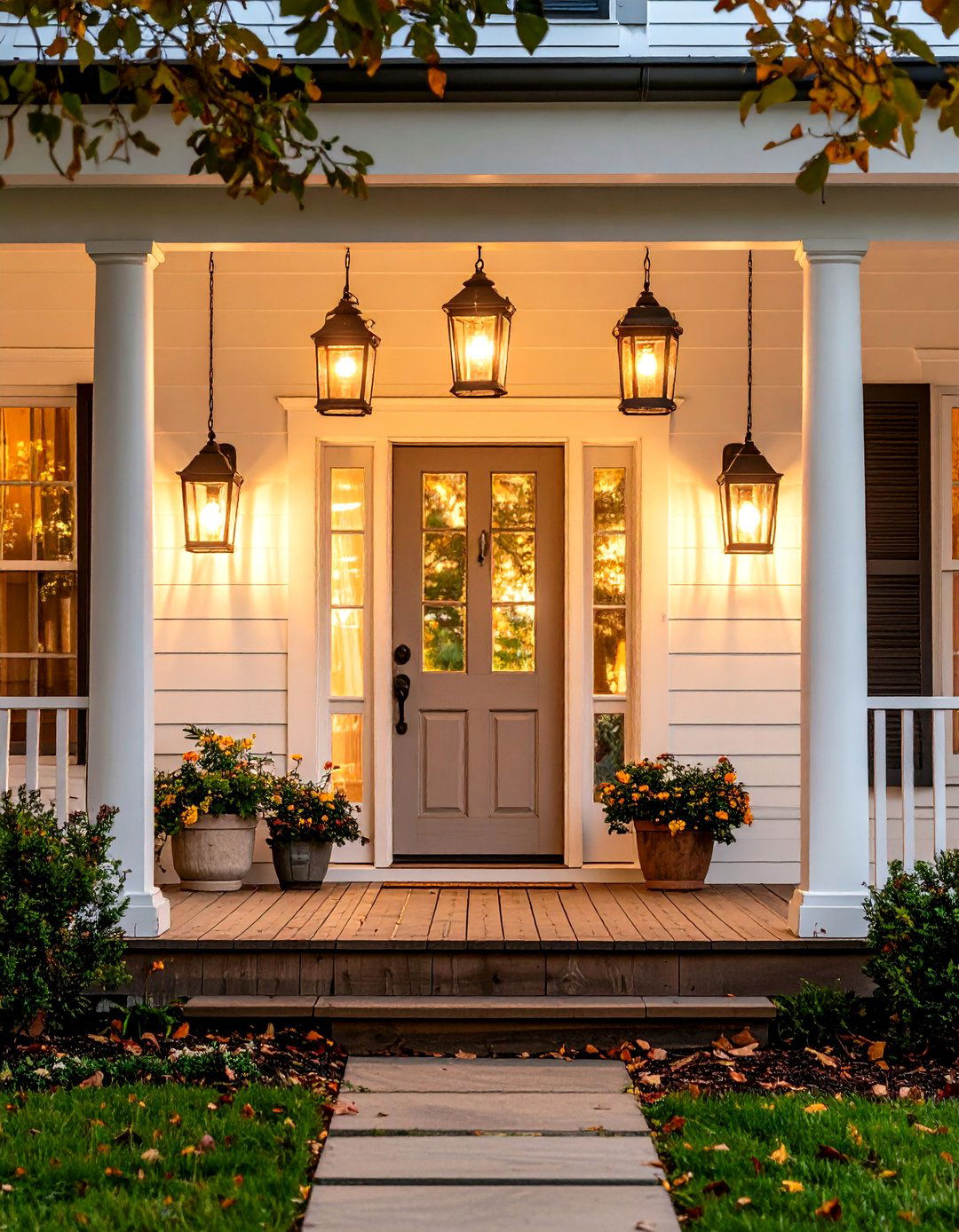 Colonial Front Porch with Traditional Lantern Lighting - 20 Colonial Front Porch Ideas