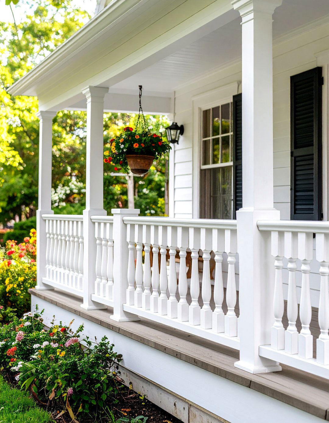 Colonial Front Porch with White Painted Railings - 20 Colonial Front Porch Ideas