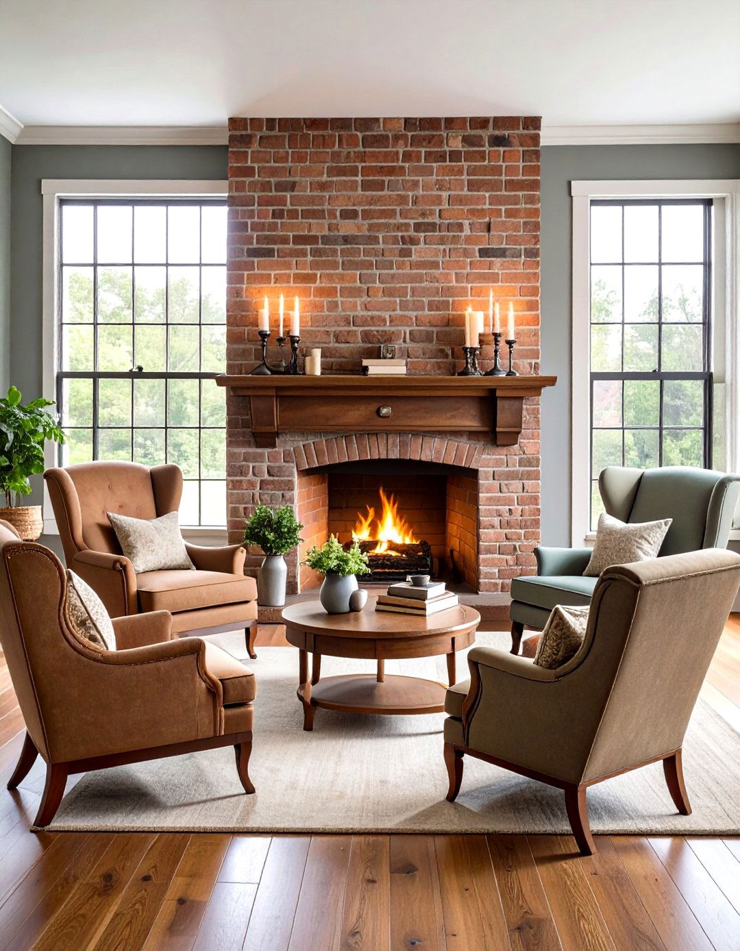 Colonial Living Room Fireplace with Classic Brick Surround - 20 Colonial Living Room Ideas