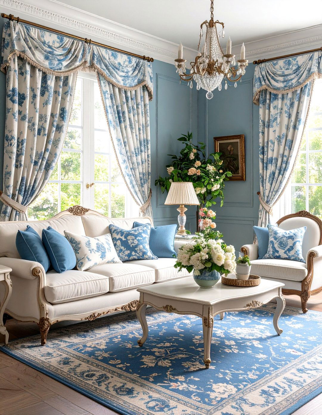 Colonial Living Room with Classic Toile Fabric Patterns - 20 Colonial Living Room Ideas