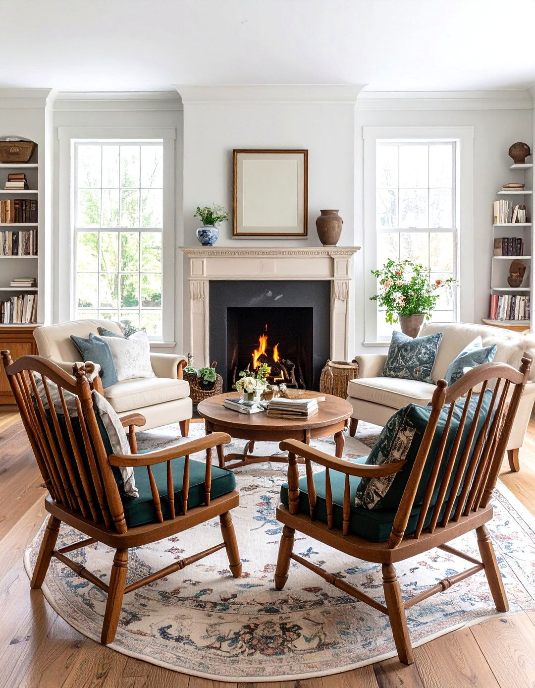 Colonial Living Room with Traditional Windsor Chair Seating - 20 Colonial Living Room Ideas