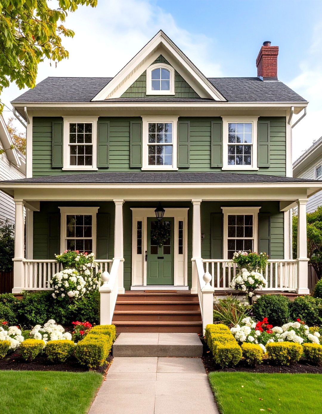 Colonial Olive Green House Exterior with Cream Trim - 20 Olive Green House Exterior Ideas