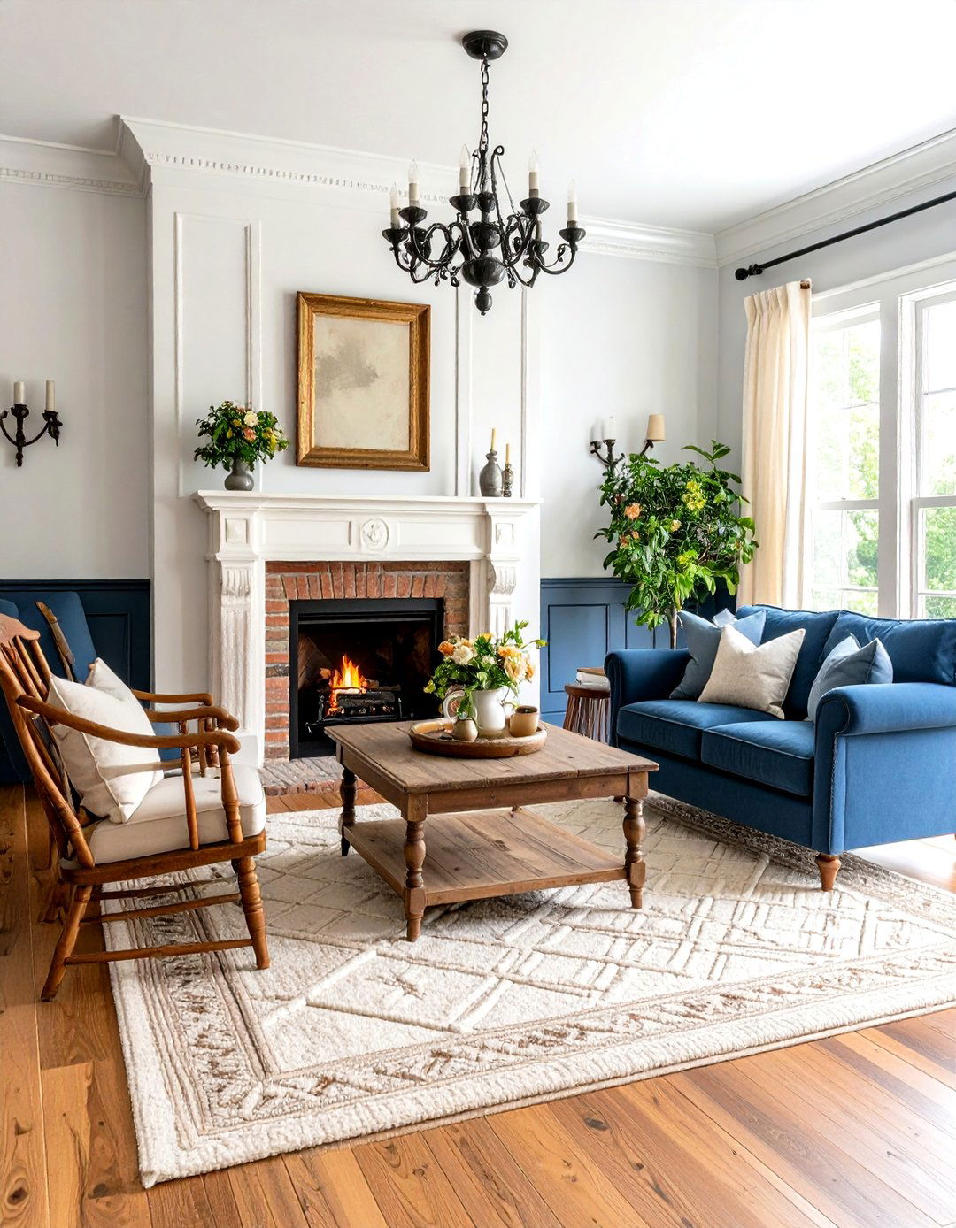 Colonial Primitive Living Room with Navy Blue Accents - 20 Primitive Living Room Ideas