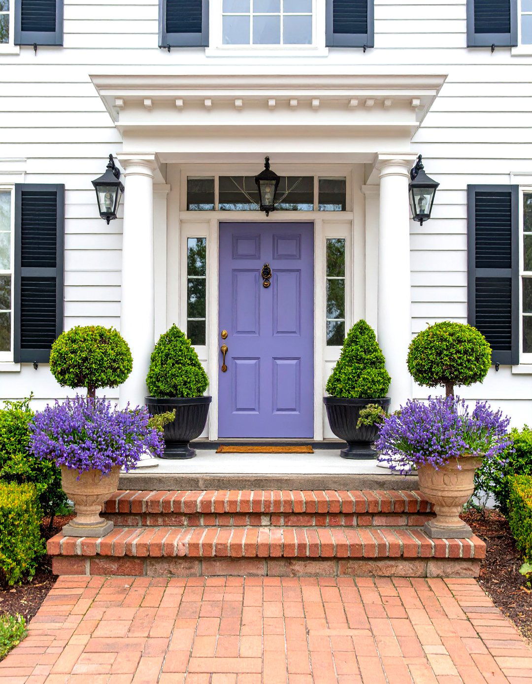 Colonial Revival Lavender Front Door with Symmetrical Landscaping - 20 Lavender Front Door Ideas