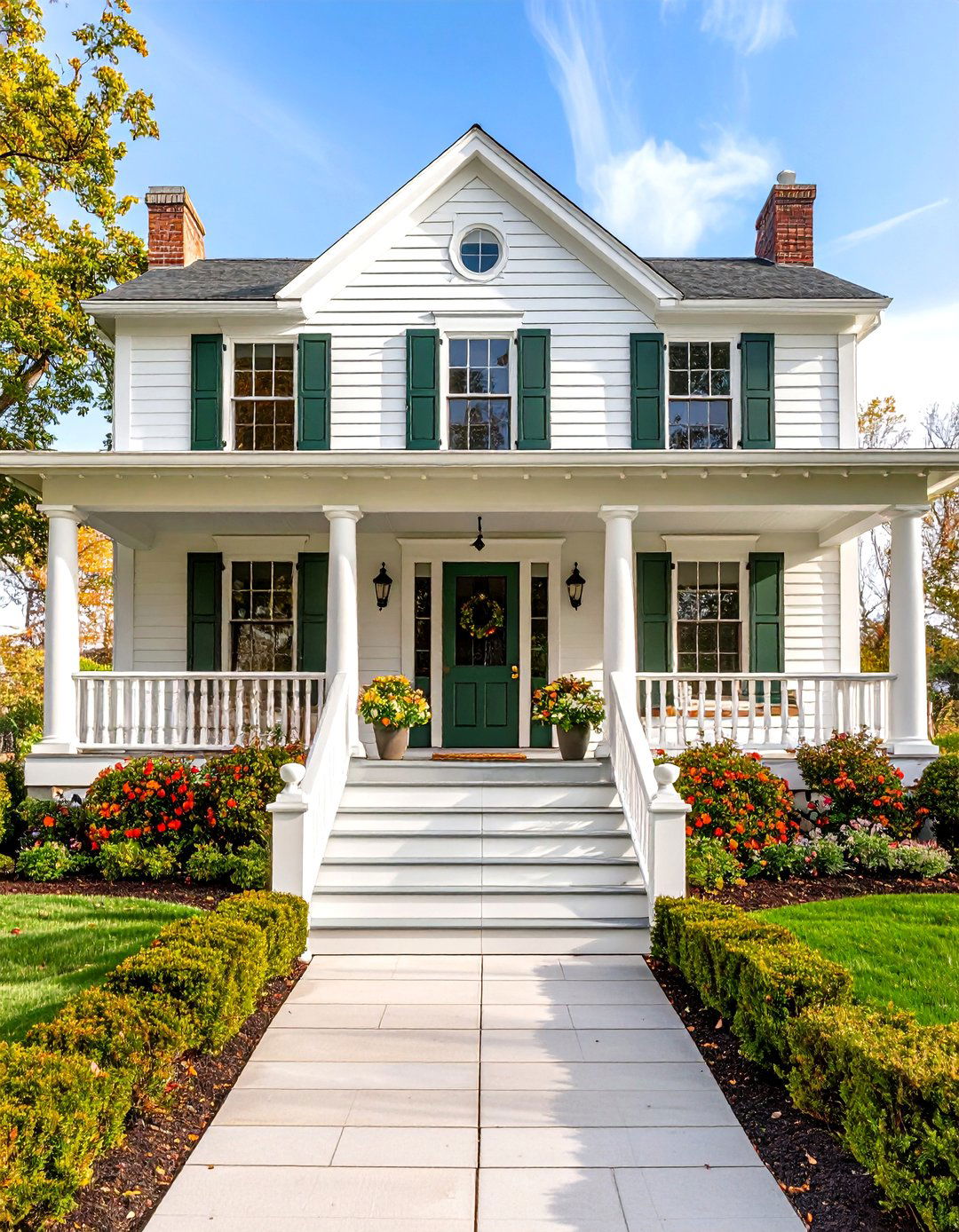 Colonial Revival White Farmhouse With Wrap around Porch - 20 White Farmhouse With Wrap-around Porch Ideas