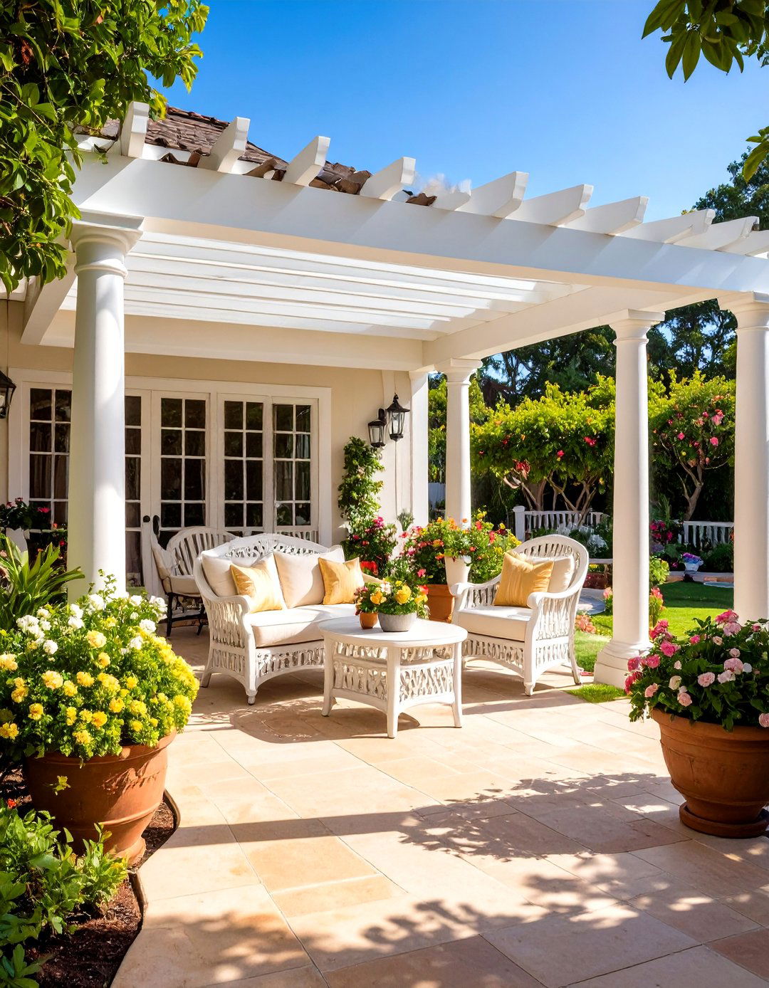 Colonial Style Covered Patio with White Painted Pergola - 20 Covered Patio Ideas