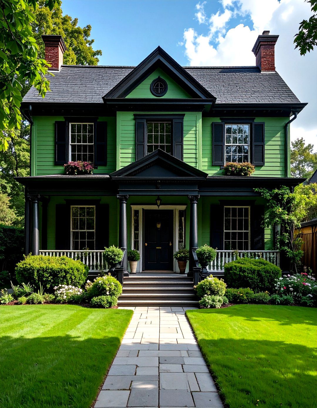 Colonial Style Sage Green Siding with Black Accents - 20 Sage Green House With Black Trim Ideas