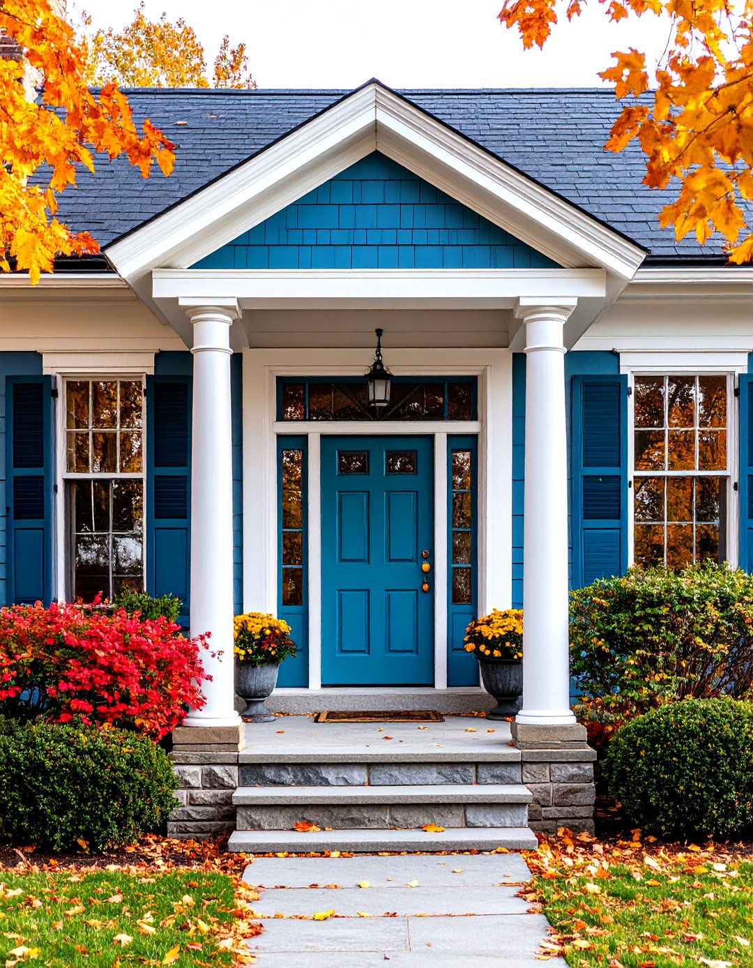 Colonial Verdigris and Cut Stone Columns - 20 Dark Green Exterior Paint Color Schemes