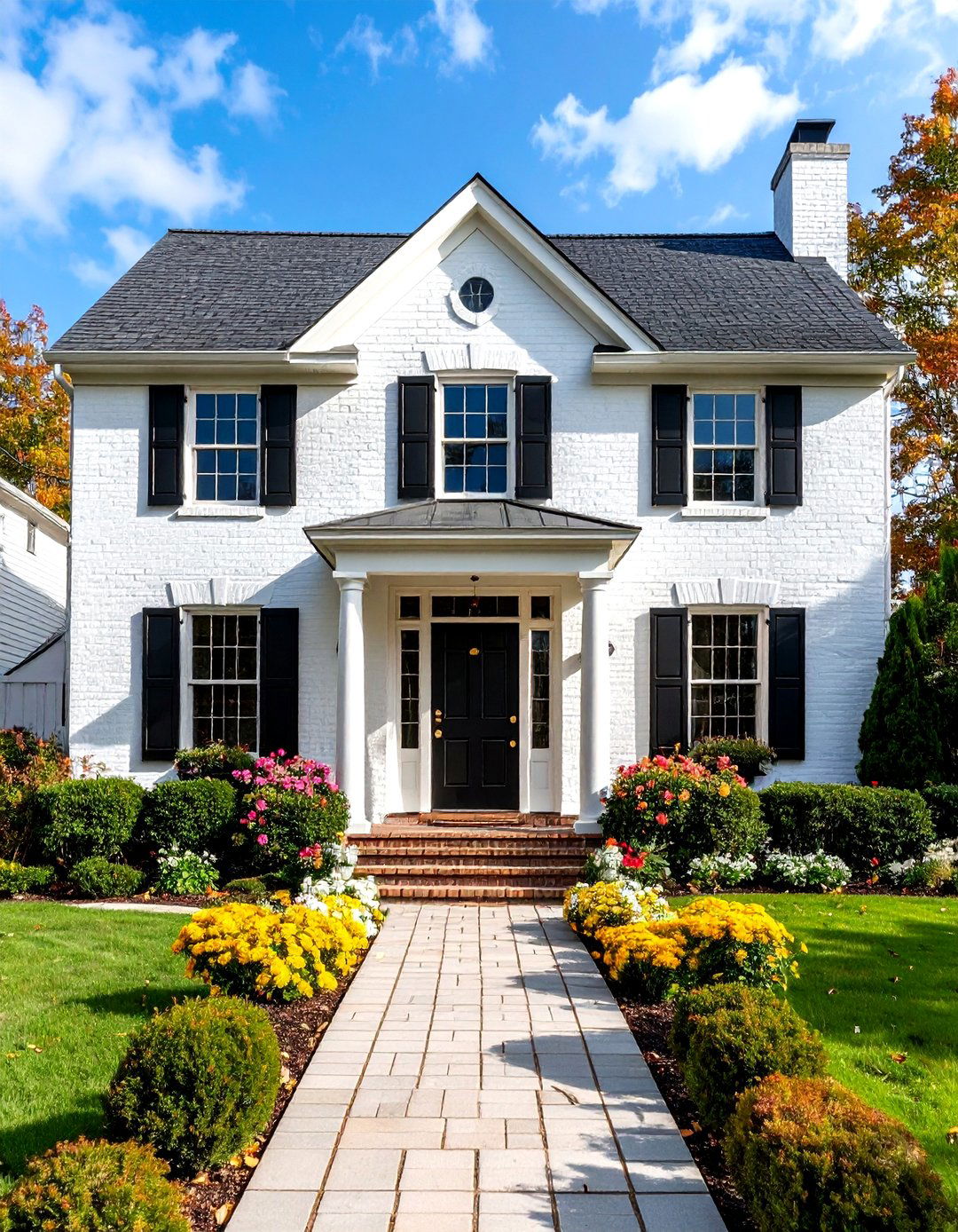 Colonial White Brick House With Black Trim and Traditional Shutters - 20 White Brick House With Black Trim
