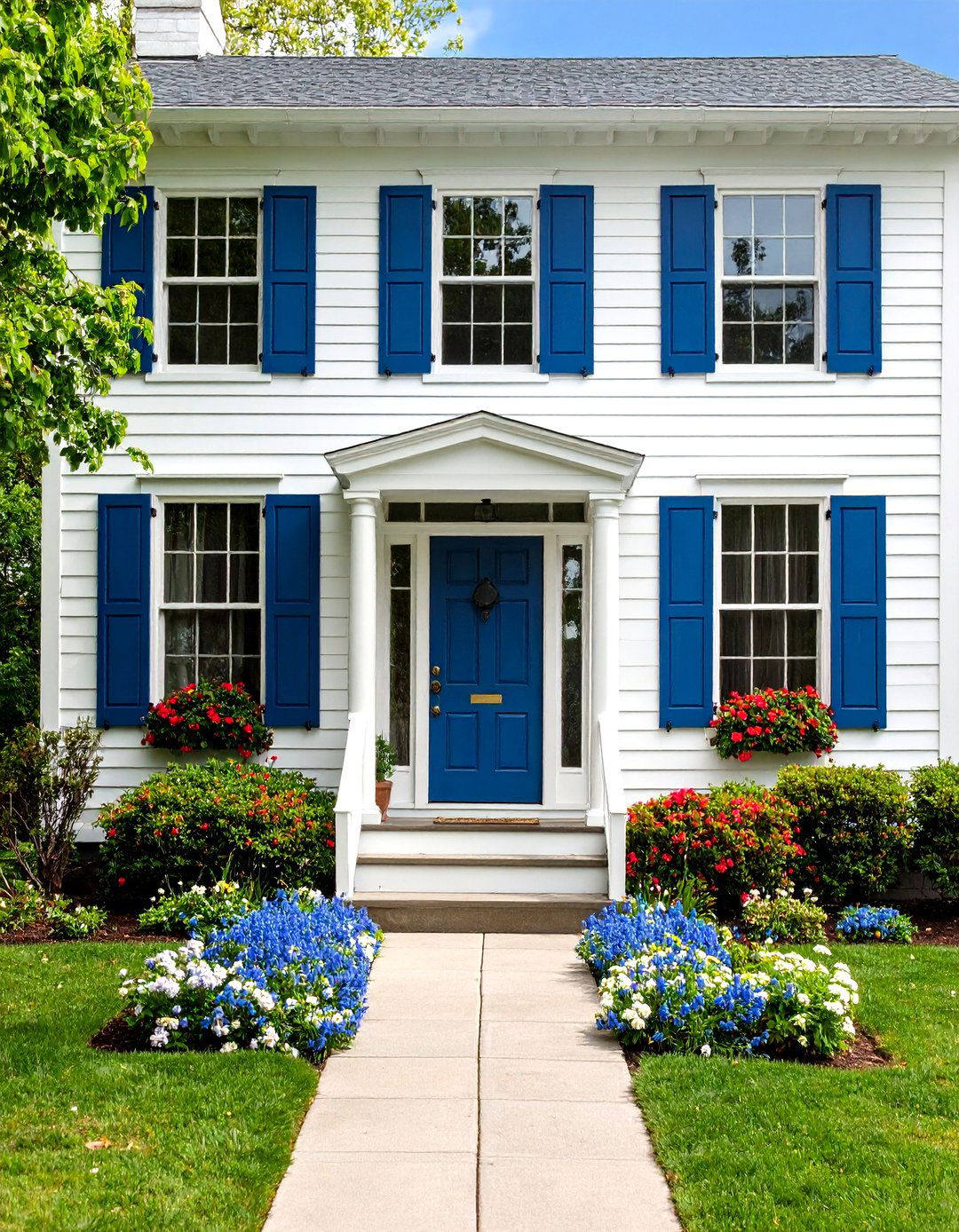 Colonial White Siding House with Symmetrical Design - 20 White Siding House Designs