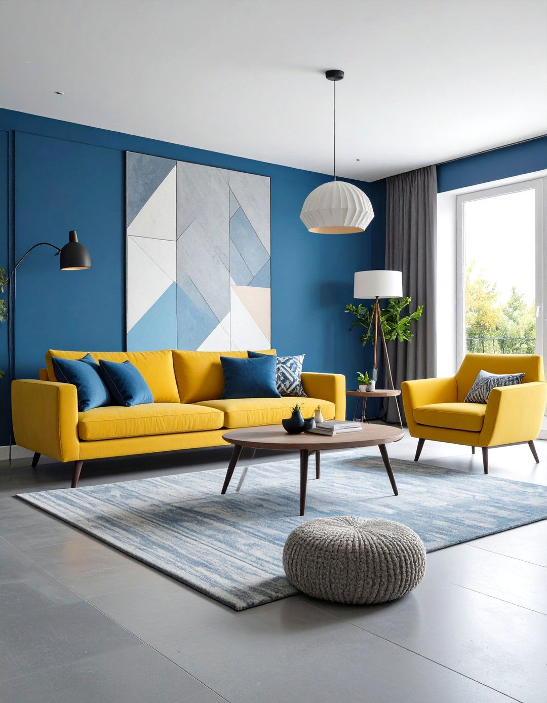 Color Blocking Grey Floor Living Room with Blue Walls Geometric Impact - 20 grey floor living room with blue walls ideas