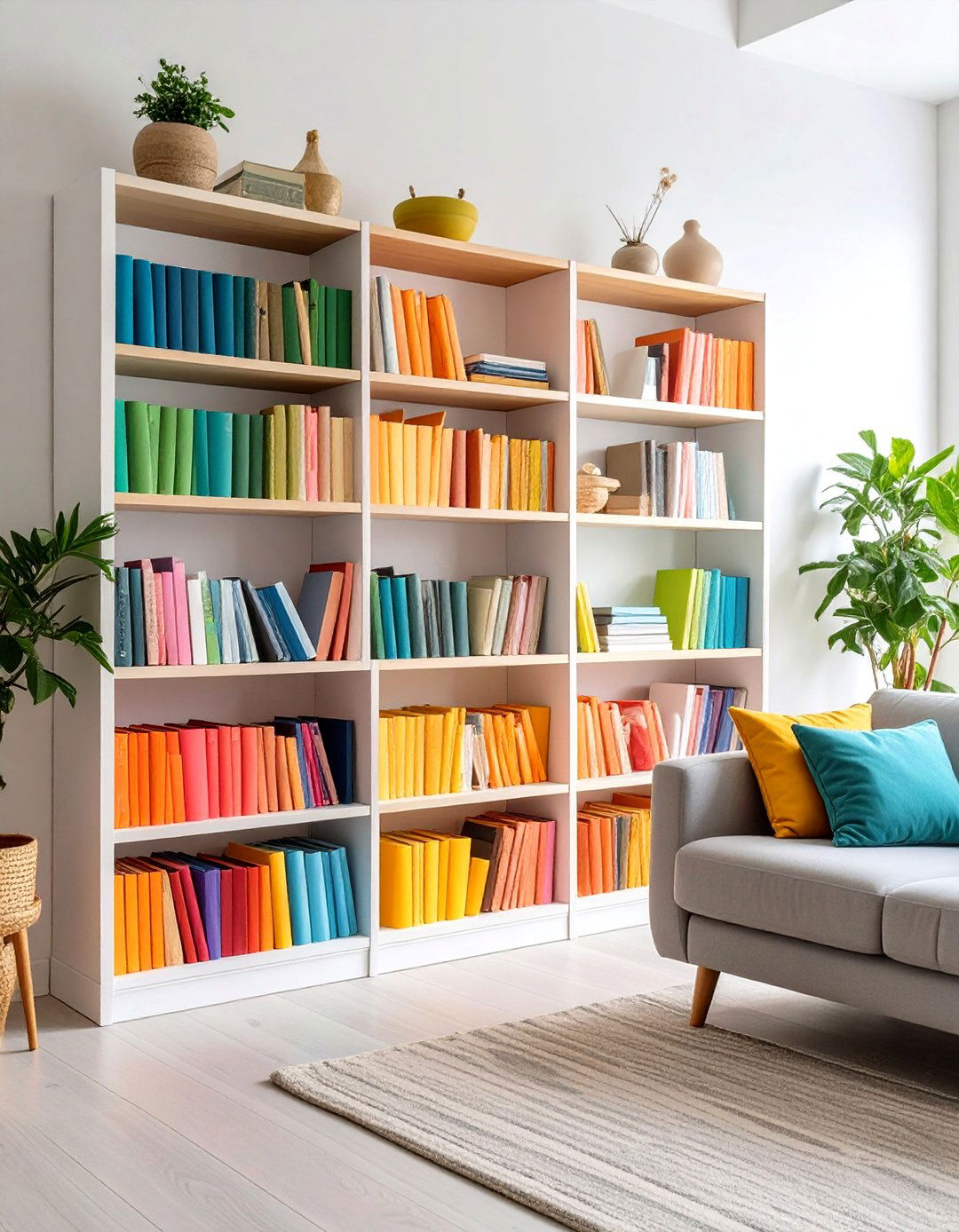 Color Coded Living Room Bookshelf Organization - 20 Living Room Bookshelf Ideas
