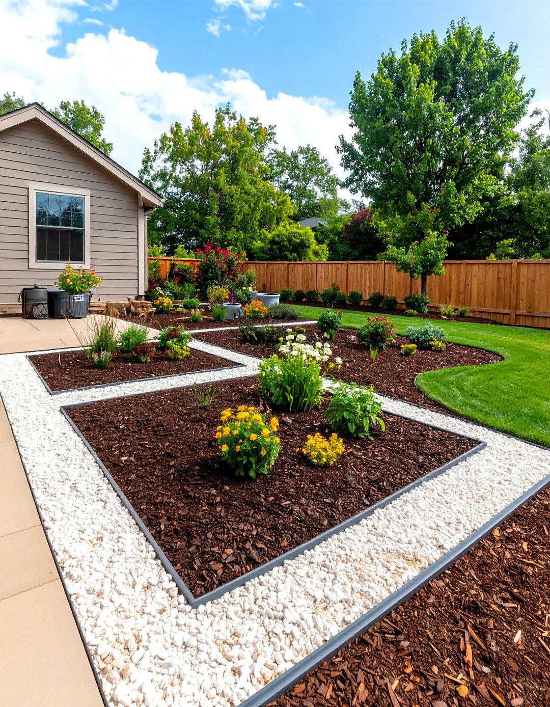 Color Contrast Mulch Patio with White Gravel Edging - 20 mulch patio ideas