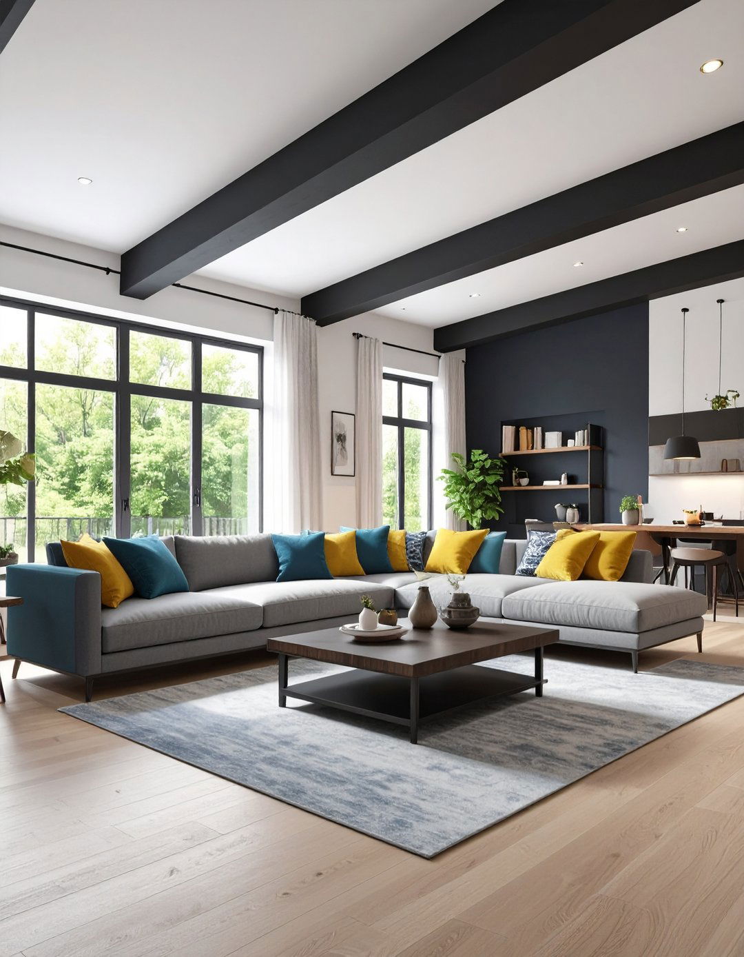 Color Contrasted Exposed Beam Living Room - 20 Exposed Beam Living Room Ideas