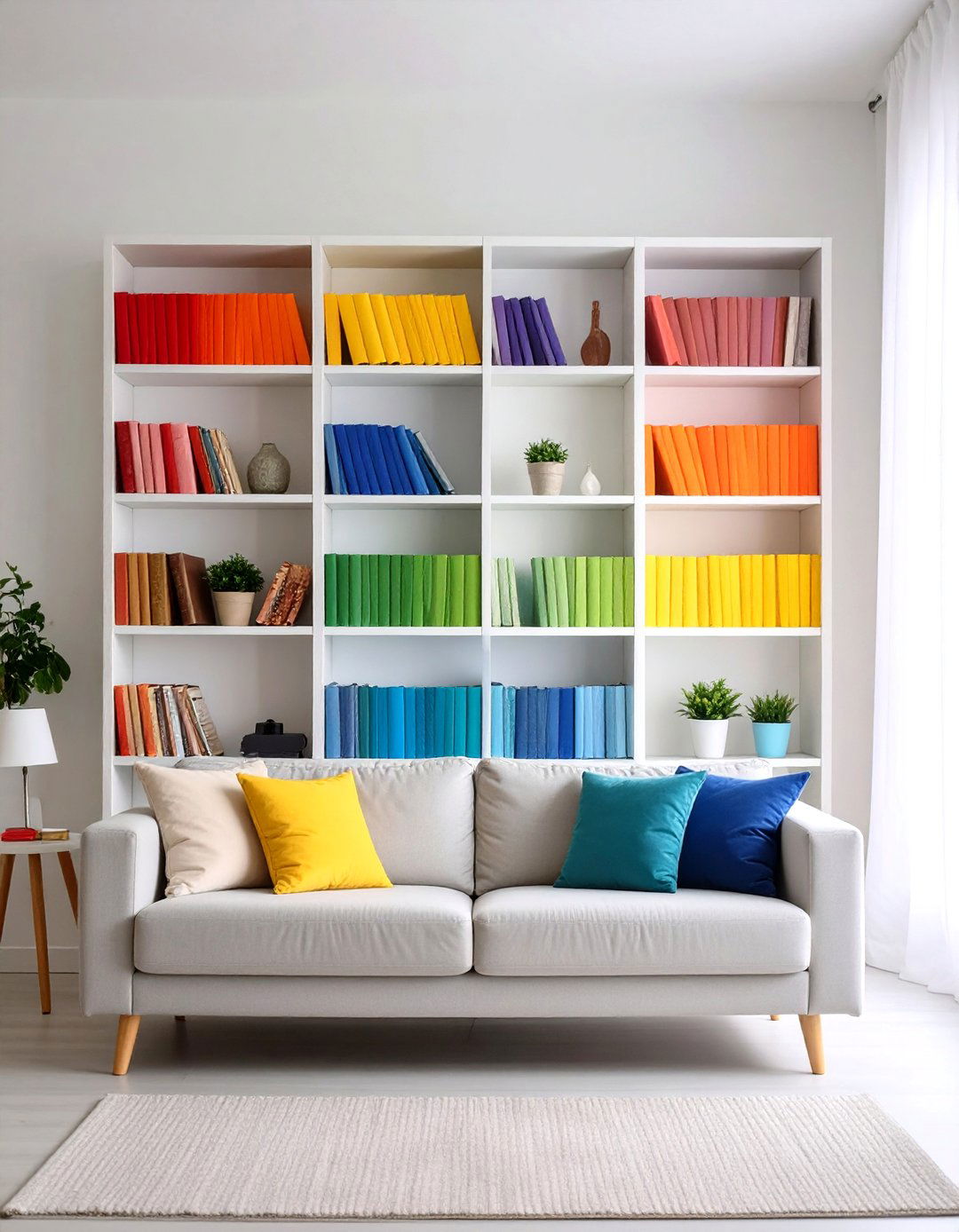 Color Coordinated Living Room Shelf Rainbow Design - 20 Living Room Shelf Ideas