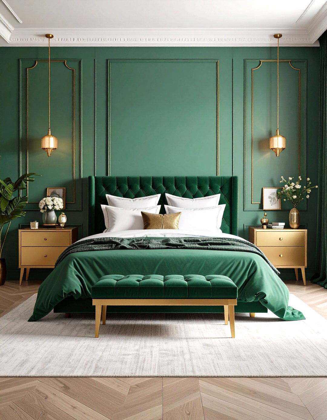 Color Drenched Emerald Suite Balanced by Subtle Gold - 20 Emerald Green and Gold Bedroom Ideas